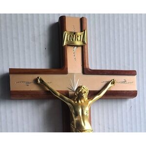 Vintage Crucifix Wooden Wall Gold Inlay Silver Scrolling Jesus Religious 12"